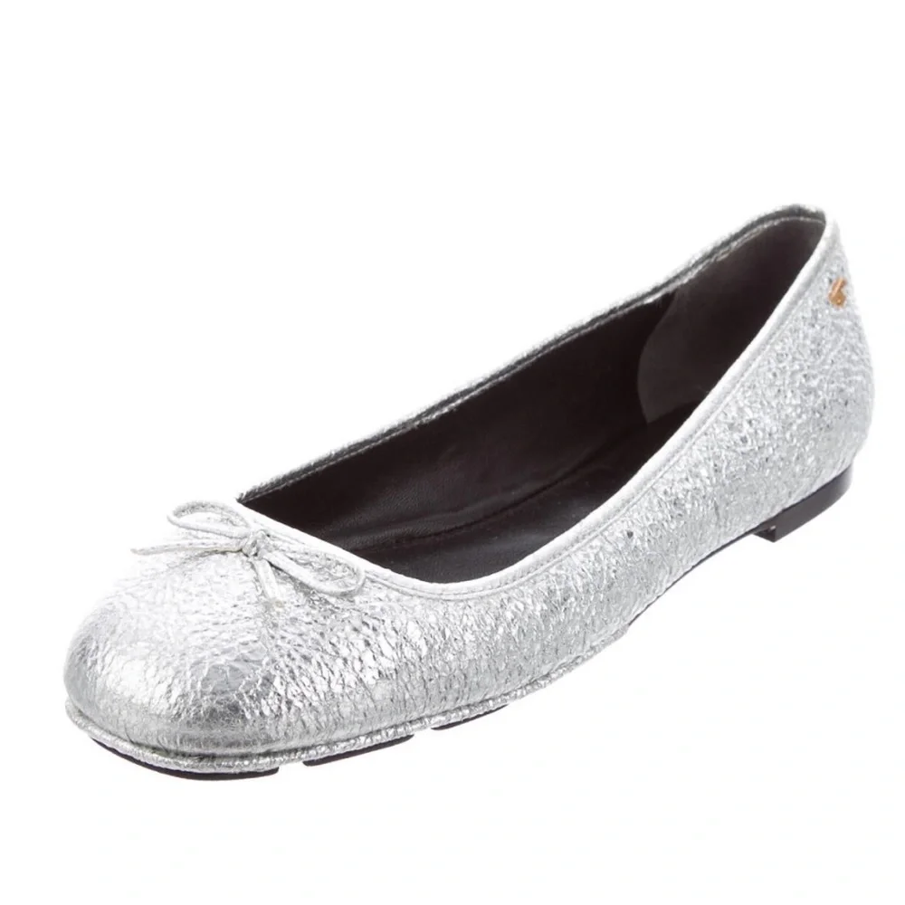 Tory Burch Women’s Laila Leather Silver Ballet Flats Size 8